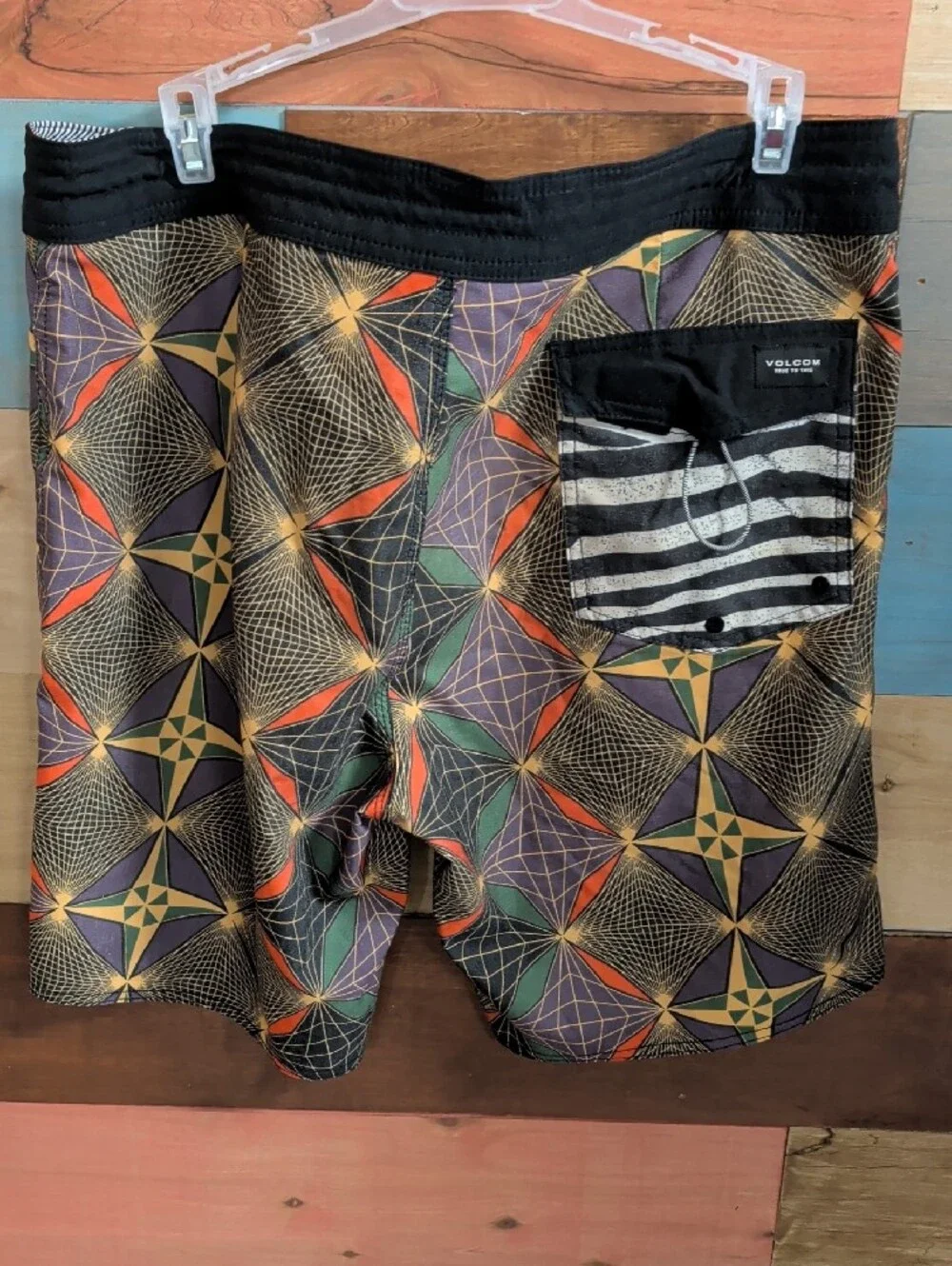 Volcom Men's Swim Board Shorts - Black with Orange, Green & Purple Geometric